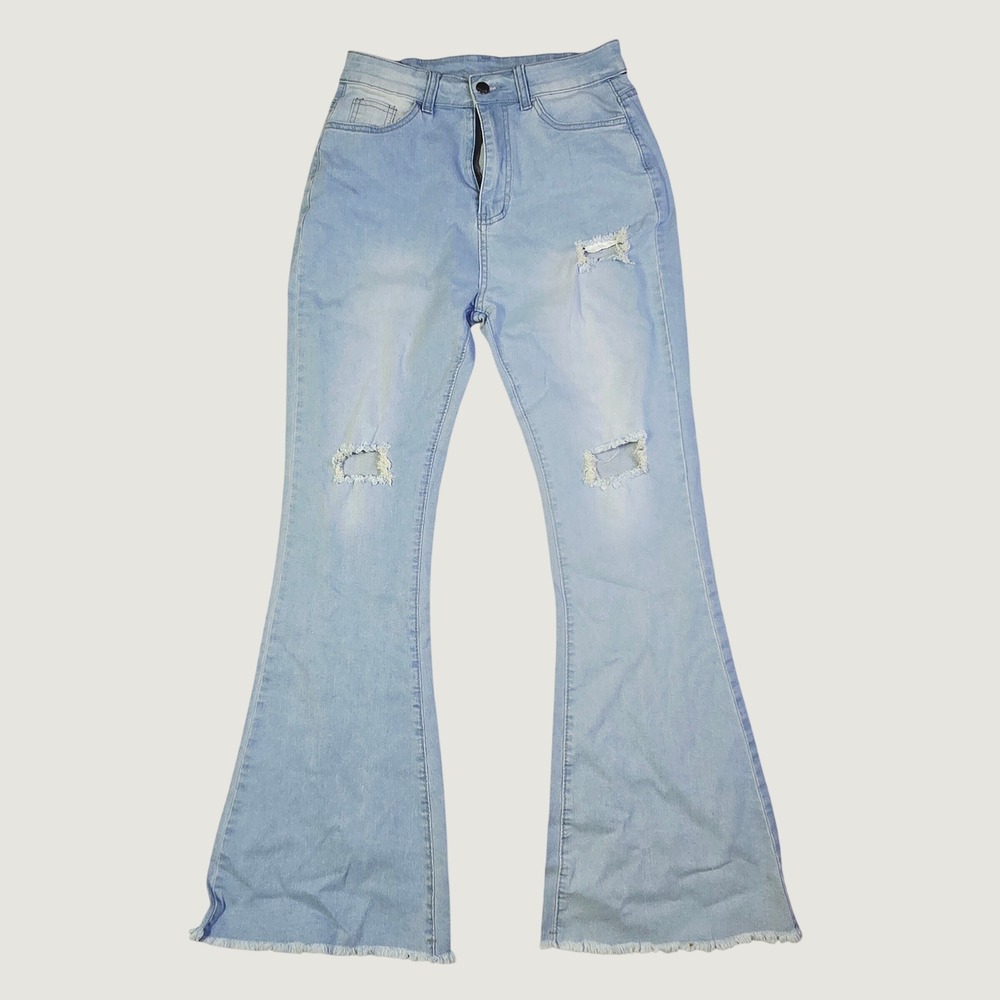 Unbranded Womens Distressed Flare Jeans Light Blue Frayed Hem Bell Bottoms Q10